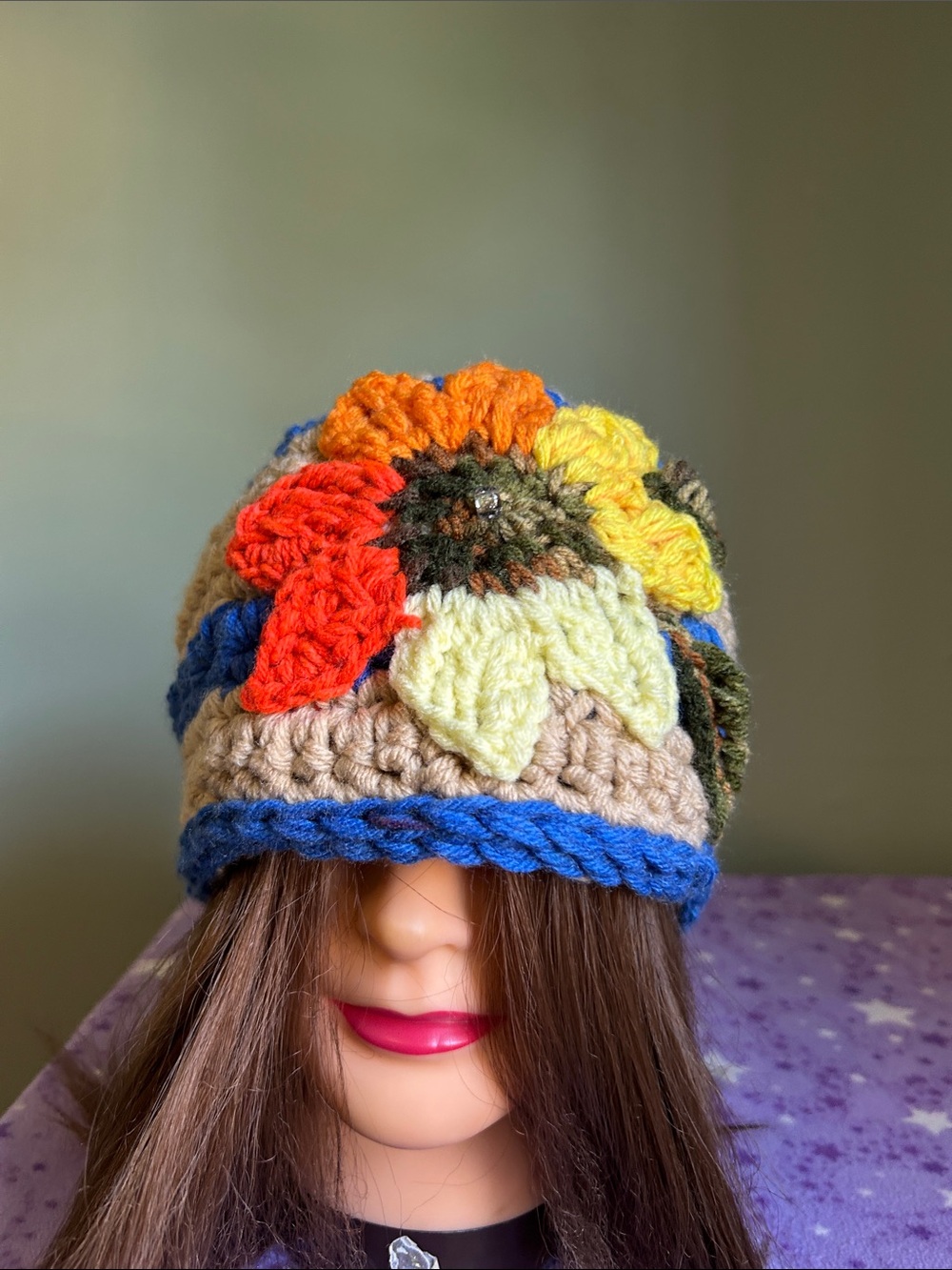 Crochet Flower hemp Knit Beanie with patch sunflower Accent medium acrylic